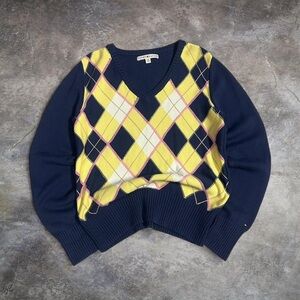 Tommy Hilfiger Blue and Yellow Argyle Cowl Sweater